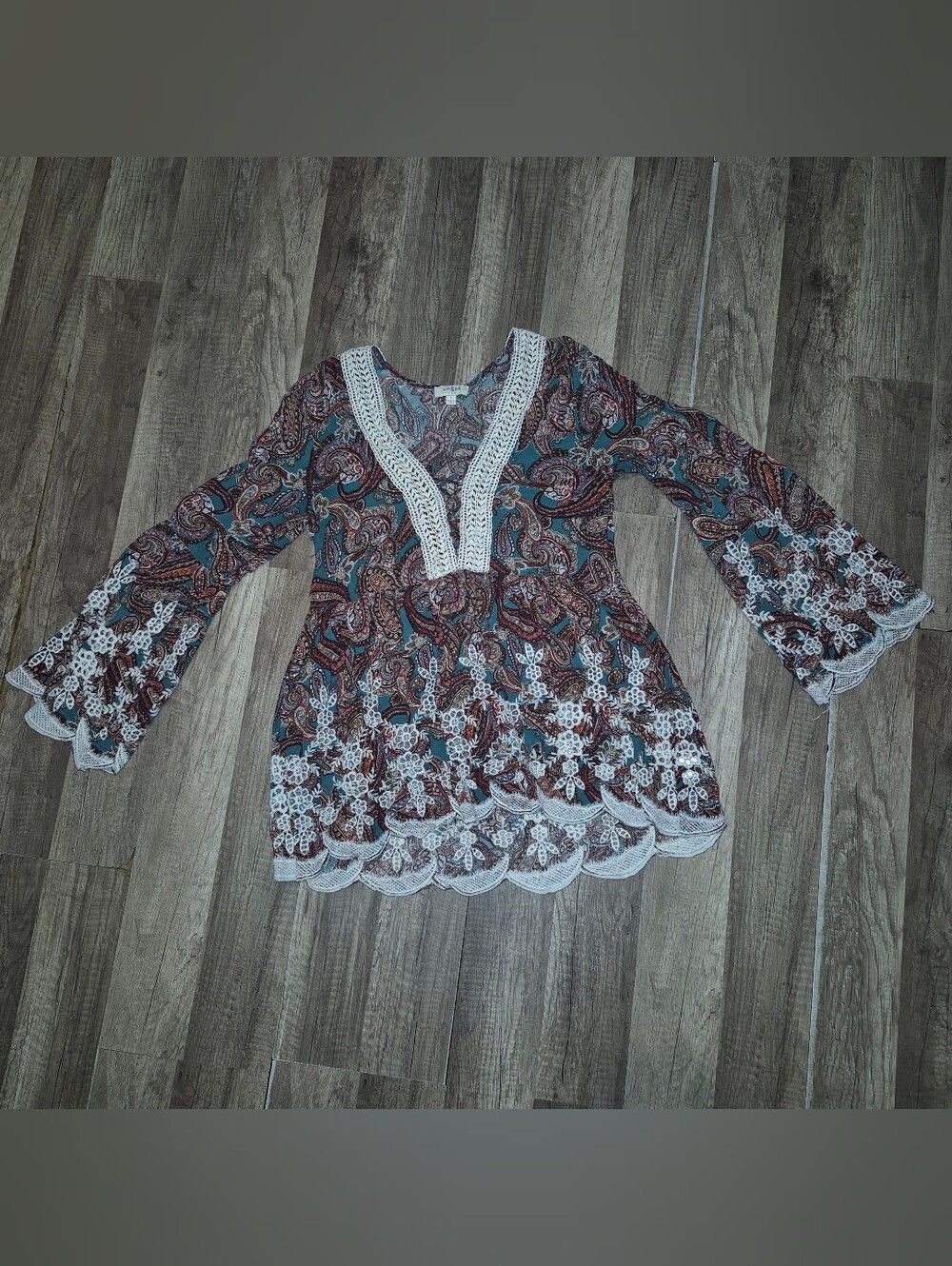 Umgee Teal and Brown Paisley Lace Trim V-Neck Top